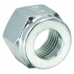 Steel compression fitting nut for double-ferrule connections on 1/4 in OD tubing. Thread size 7/16-20. Compatible with Swagelok brand fittings. Used in industrial fluid systems for hydraulic, pneumatic, and instrumentation applications.