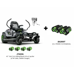 Battery-powered zero-turn mower with a 42-inch steel deck and rear-wheel drive. Powered by two 10.0 Ah batteries (model BA2800T) as part of the EGO POWER+ system. Suitable for residential lawn care on yards up to 3 acres.