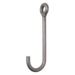 This low-profile j-hook is constructed from alloy steel with a 7/8 in material thickness and a silver finish. It has a Grade 80 hook rating and is suited for industrial rigging and material handling applications such as lifting and positioning loads in manufacturing, construction, and warehousing.