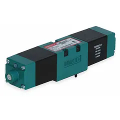 This four-way, three-position solenoid valve directs compressed air to actuate double-acting cylinders or other pneumatic actuators. It features double solenoid operation, internal pilot/remote pilot, closed center, solenoid return, non-locking manual override, and plug-in design. Solenoid coil rated for 110 to 120V AC.