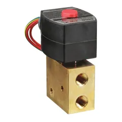 This 3-way/2-position configurable solenoid valve from REDHAT features a 1/4 in pipe size and operates on 120V AC. The watertight coil enclosure is rated explosion proof/watertight, making it suitable for controlling air, water, or light oil in industrial automation and process control systems.