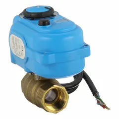 Brass ball valve with 110V AC electric actuator, integrated heater, and ISO 5211 mounting pad. Features brass stem, FNPT x FNPT straight connections. Used for on/off flow control in industrial piping systems such as water treatment, HVAC, and process automation.