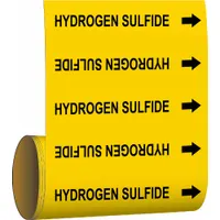 Yellow adhesive pipe markers with black legend reading 'Hydrogen Sulfide' and directional arrows. Each roll contains 30 markers for pipes with outer diameter 2 inches and smaller. Used to identify piping carrying hydrogen sulfide gas in industrial facilities