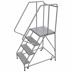 Assembled aluminum weight-actuated ladder with a 3.3 ft platform height and gray perforated finish. Includes handrails for support. The weight-actuated casters lock when stepped on, providing stability for elevated access in warehouses, stockrooms, and industrial facilities.