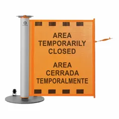 This retractable belt barrier system consists of one post with a 40-inch height and an 11 1/2 ft orange belt displaying the message 'Area Temporarily Closed'. The belt has a round flat profile, and the base is gray. Hardware for setup is included. Typical applications include cordoning off areas in industrial facilities, warehouses, or public spaces to guide pedestrian traffic and enhance safety during maintenance or cleaning.