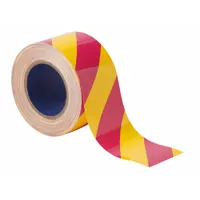 This general purpose floor marking tape features a striped pink/yellow pattern for high-visibility warning without a message legend. The 8 mil thick polyester backing provides durability for indoor use. Commonly used to mark aisles, hazards, and work zones in industrial facilities, warehouses, and factories to improve safety and organize traffic flow