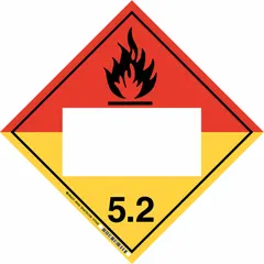 BRADY DOT container placard for Class 5.2 organic peroxides. Measures 10 3/4 in x 10 3/4 in. Used to identify containers during transport, storage, and handling of oxidizing agents and organic peroxides.