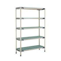 This stationary shelving unit features a 304 stainless steel frame and polymer shelves with antimicrobial resistance. It includes 5 shelves, measures 18 in x 48 in, and has an overall height of 74 in. Suitable for harsh environments requiring frequent cleaning and microbial control.
