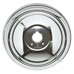 Chrome-finished circle trim plate designed to cover the wall opening around bathtub and shower faucets. Provides a finished appearance and helps protect the wall from moisture. Suitable for use as a trim and cover plate in residential or commercial plumbing installations.