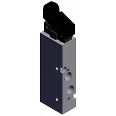This 5-port roller-actuated manual air control valve from the VZM Series features 1/8 in BSPT connections and a maximum operating pressure of 1 MPa. It is used in pneumatic systems to direct airflow via mechanical roller contact, suitable for automated machinery and material handling applications.