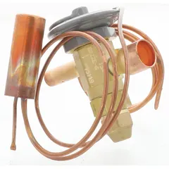 Thermostatic expansion valve for HVACR systems. Regulates refrigerant flow into the evaporator based on superheat. Used in commercial rooftop units, chillers, and split systems.