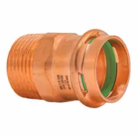 This press-fit x MNPT adapter connects copper tubing to male NPT threaded pipe in plumbing systems. Constructed of copper or bronze, it features a Seal Window for visual confirmation of proper installation. Suitable for use in residential and commercial plumbing applications