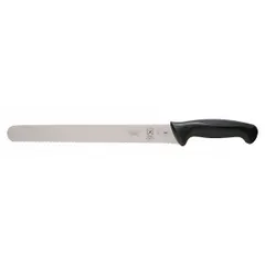 This 11-inch slicing knife features a stamped steel blade with a sharp edge, designed for clean cuts through meats, poultry, and fish. The black handle is constructed from Santoprene and polypropylene for a secure grip. NSF certified for foodservice sanitation standards.