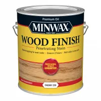 Interior oil-based wood stain in Cherry color with semi-transparent finish. Allows natural wood grain to show through while adding color. Suitable for use on unfinished wood surfaces such as furniture, trim, and cabinets. Supplied in a 1-gallon container