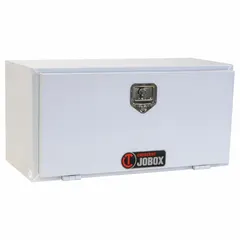 This single drop-down door box is constructed from white steel and features a keyed lock with a rotating T-handle latch. Designed for underbody mounting on service trucks, it provides secure storage for tools and equipment in fleet maintenance and field service environments.