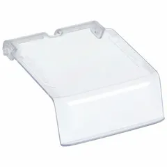 Clear plastic lid designed for use with AKRO-MILS hanging and stacking bins. Compatible with model 30210, it measures 5 inches by 3 7/8 inches. Used to cover and secure bins, keeping contents clean and contained in industrial storage and parts handling environments.