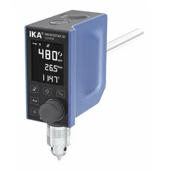 This overhead stirrer handles viscosities up to 20,000 cps and volumes up to 20 L. It features a digital display and variable mixing speed up to 500 RPM, with a maximum torque of 30 N-cm. Suitable for low-torque stirring applications in laboratory and industrial settings.