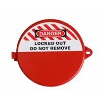 Cylinder cover lockout designed for T-handle ball valves. Accommodates pipe sizes from 1-1/4 in to 2 in. Used in lockout/tagout procedures to secure valves during maintenance, preventing accidental operation