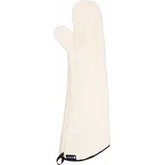 This cotton oven mitt provides hand and forearm protection when handling hot cookware. The 24-inch length offers extended coverage for tasks in commercial kitchens and food service. Tan color.