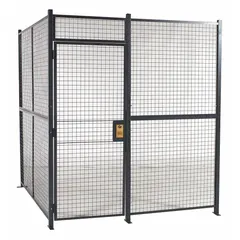 This welded-wire security cage measures 16 ft wide by 16 ft deep by 8 ft high, with three sides and a gray powder-coated finish. It includes a keyed different cylinder lock and is designed for out-swing door operation. Supplied without a ceiling panel, it is suitable for creating secure storage enclosures or partitions in industrial and warehouse settings.