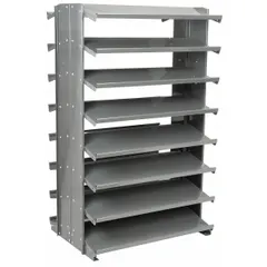 This metal stationary pick rack from AKRO-MILS features a gray steel frame and measures 36 x 24 x 60 inches. It is a 2-sided unit with 16 shelves, designed for organizing and accessing parts or products in warehouses, distribution centers, and manufacturing facilities. The rack does not include bins and is intended for stationary use.