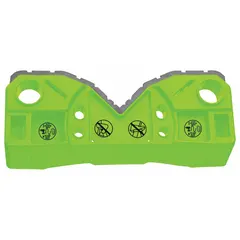 This plastic utility tray attaches to extension ladders, providing a stable platform for holding tools, paint, or materials. The green tray measures 19 inches in overall length and is designed to keep items within reach while working at height.