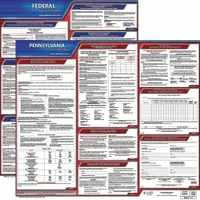 This Spanish-language plastic poster set measures 30 by 24 inches and displays required federal and Pennsylvania state labor law notices. It consolidates both state and federal posting requirements into a single durable format for workplace compliance