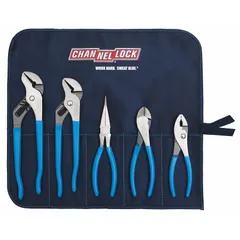 Set of 5 pliers with standard cushion grip handles for manual use. Includes an 8-inch needle nose plier and a tongue-and-groove plier. Pliers range from 2 to 5 inches. Supplied in a tool roll for organized storage and transport. Suitable for general maintenance, plumbing, and electrical tasks.