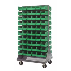 This vertical mobile louvered rack provides organized storage and mobility for small parts. It includes 120 green bins (5-1/2 in wide, 10-7/8 in deep, 5 in high) and features two swivel casters with hard rubber tread for easy repositioning. Suitable for industrial workshops, warehouses, and assembly lines.