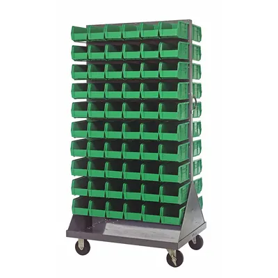 QUANTUM STORAGE SYSTEMS Mobile Louvered Floor Rack: 36 in x 24 in x 72 in, 120 Bins Included - Vertical Mobile Louvered Racks with Bins