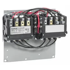 This Siemens reversing contactor is a NEMA Size 0 device with 3 poles, rated 18 A continuous current at 120/240V AC dual voltage. It is used for forward and reverse control of three-phase AC motors in applications such as conveyors, hoists, and pumps.