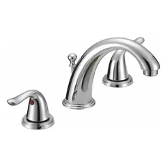 This widespread handle bathroom faucet features a brass body with a chrome finish and an arc spout. It includes a handle and a 50/50 pop-up drain assembly. The faucet has a flow rate of 1.2 gpm, suitable for hand washing in residential or commercial bathroom sinks.