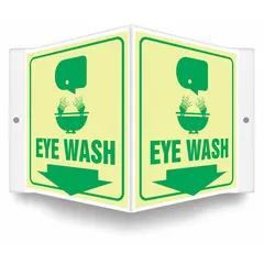 V-shaped projection sign for marking eye wash stations. Made of PETG with glow-in-the-dark finish for visibility in low light. Nominal size 6 x 8-1/2 inches. Mounting holes for installation. Not retroreflective.