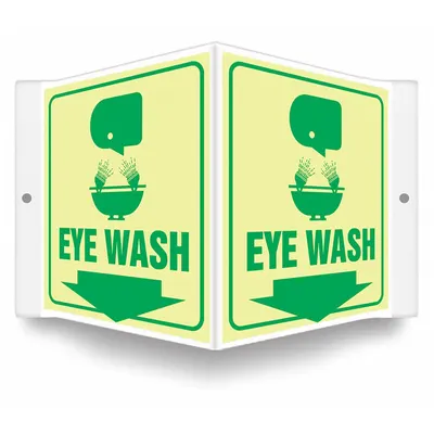 CONDOR Safety Sign: PETG, Mounting Holes Sign Mounting, 6 in x 8 1/2 in Nominal Sign Size - V-Shape Projection Eye Wash Signs