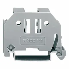 Clip-on mount end stop for DIN Rail 35x15 and 35x7.5. Secures terminal blocks and other rail-mounted components in position. Gray plastic construction. Compatible with WAGO model 709.