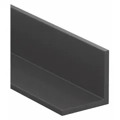 Chemical-resistant PVC Type 1 angle with 1 in x 1 in outer legs, 0.25 in wall thickness, square corner shape, and dark gray color. Suitable for structural framing, bracing, and supports in corrosive environments. Temperature range: 5°F to 140°F.