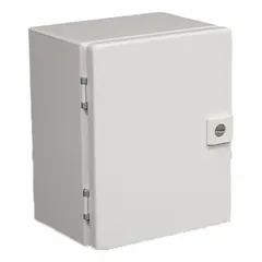 Steel enclosure with NEMA 4 rating for protection against hose-directed water and dust. Measures 11 x 9 x 6 inches with a solid hinged cover secured by a 1/4-turn latch. No knockouts included. Suitable for wet or corrosive indoor/outdoor environments.