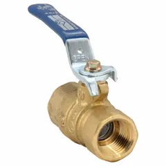 This 1/2-inch brass ball valve features a straight body with female NPT threads on both ends and a full port ball port for minimal pressure drop. The memory stop locking lever handle allows manual on/off flow control with position indication. Suitable for water, oil, and gas applications in commercial and light industrial piping systems.