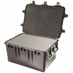 This impact-resistant suitcase-style case has interior dimensions of 20 3/4 in x 29 3/4 in x 17 3/4 in. It features press and pull latches for secure closure and is not carry-on size. The case includes convoluted, pick and pluck, and solid foam options for customizable interior protection. Suitable for transporting and storing sensitive equipment in industrial and field-service environments.