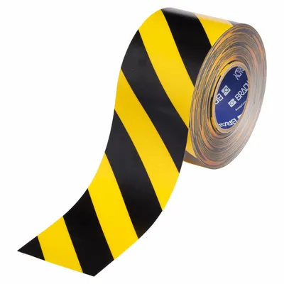 BRADY Floor Marking Tape: Striped, Black/Yellow, 4 in x 100 ft, 22 mil Tape Thick - Extra-Durable Floor Marking Tape