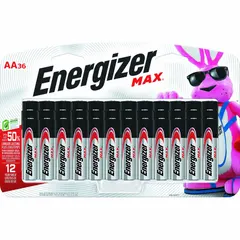ENERGIZER Max AA alkaline battery delivers 1.5V DC in a 36-pack. Suitable for powering high-drain devices such as industrial flashlights, wireless sensors, and portable test equipment in maintenance and field operations.