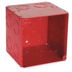 Steel electrical box with red finish for life safety alarm circuits. Without clamps or bracket. Suitable for housing wiring connections in fire alarm and emergency systems where code requires a dedicated red enclosure.