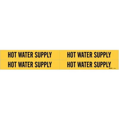 BRADY Pipe Marker: Hot Water Supply, Yellow, Black, Fits 3/4 to 2 3/8 in Pipe O.D. - Hot Water Supply Adhesive Pipe Markers