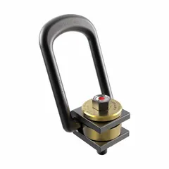 This force-indicating side-pull pivot and rotate hoist ring is designed for lifting and side-pulling applications. It features a 5/8"-11 thread size and a maximum capacity of 2,500 lb. The integrated indicator provides load monitoring during use. Suitable for industrial rigging and material handling where threaded mounting points are required.