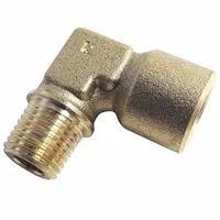 This 90° elbow pipe fitting connects 1/2 in female BSPP threads to 1/2 in male BSPT threads. It is rated for a maximum operating pressure of 1,000 psi and is used in hydraulic or pneumatic systems to change fluid direction