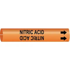 Orange snap-on pipe marker with black legend reading 'Nitric Acid' and directional arrows. Fits pipe outer diameters from 2-1/2 to 3-7/8 inches. Used to identify pipes carrying nitric acid in industrial piping systems for safety and compliance.