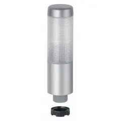 Two-tier tower light assembly with red and yellow light tiers and an integrated sounder tier. Provides steady visual and audible status indication for industrial machinery and process equipment. Operates on 24V AC/DC with an overall height of 141 mm.