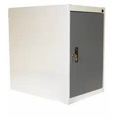 Steel overhead cabinet for workbench storage. White finish. Includes mounting hardware. Overall dimensions: 26 in width, 12 in depth, 14 in height.