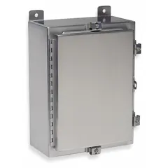 This 304 stainless steel enclosure measures 36 x 30 x 12 inches and features a solid cover secured by clamps. Rated NEMA 12/13/3R/4/4X, it provides protection against dust, falling dirt, rain, sleet, hose-directed water, and corrosion. Suitable for indoor or outdoor use in industrial environments requiring corrosion resistance.