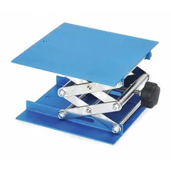Aluminum lab lift with an 8 x 8 in platform, adjustable from 3 in to 9 3/4 in. Used to safely raise and position lab equipment, glassware, or containers in laboratory and industrial settings.